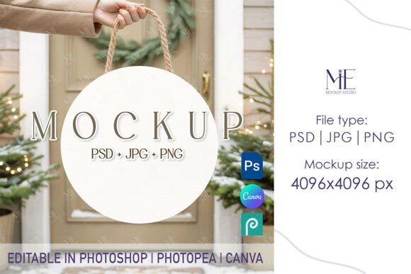 Enhance Your Holiday Designs with a Christmas Round Door Sign Mockup PSD PNG